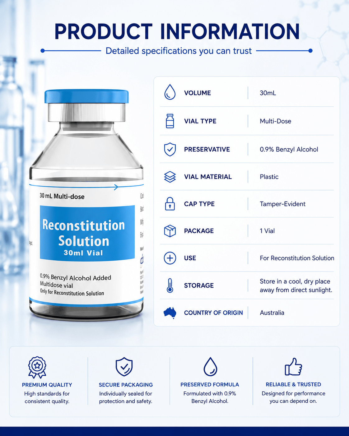 Reconstitution Solution 30ml x 1 QTY Vial - Bacteriostatic Water USA